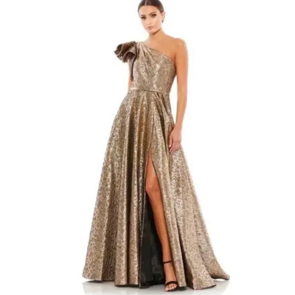 Mac Duggal One Shoulder Antique Bronze Gold Maxi Ball Gown Dress 14 NWT - Picture 1 of 7